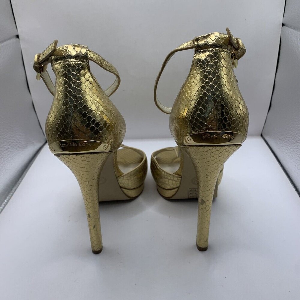 Michael Kors Brenna T Strap Peep Toe Sandal metallic gold High Heels Sz 9.5M E2 - Picture 5 of 7